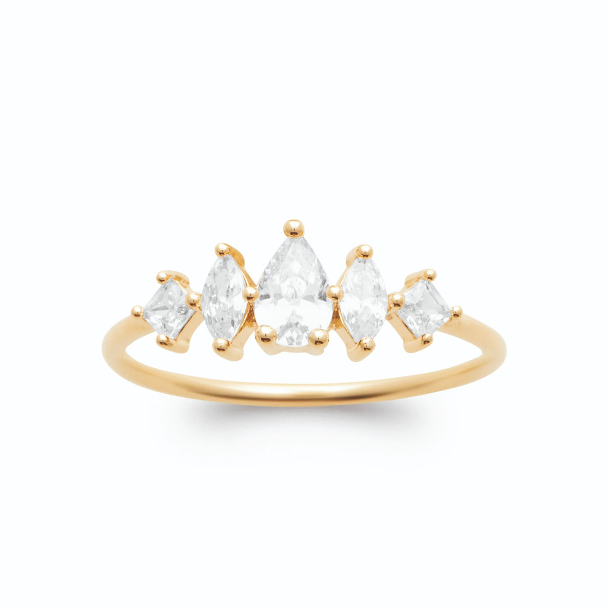 Bague diadème de cinq zircons de tailles variées en plaqué or