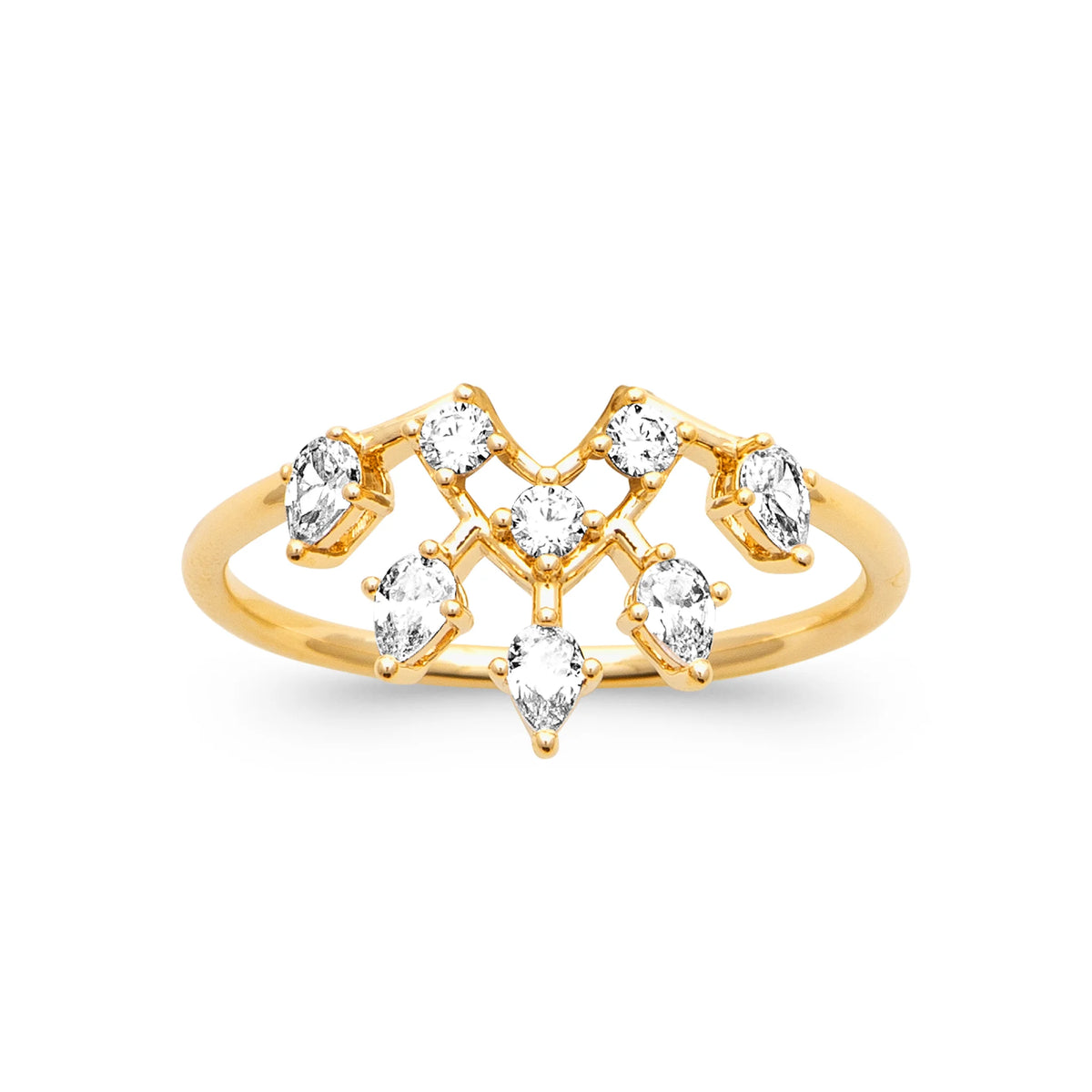Bague diadème zircons navettes et ronds en plaqué or