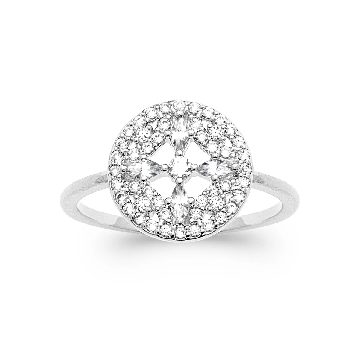 Bague disque ajouré mosaïque de zircons en argent 925