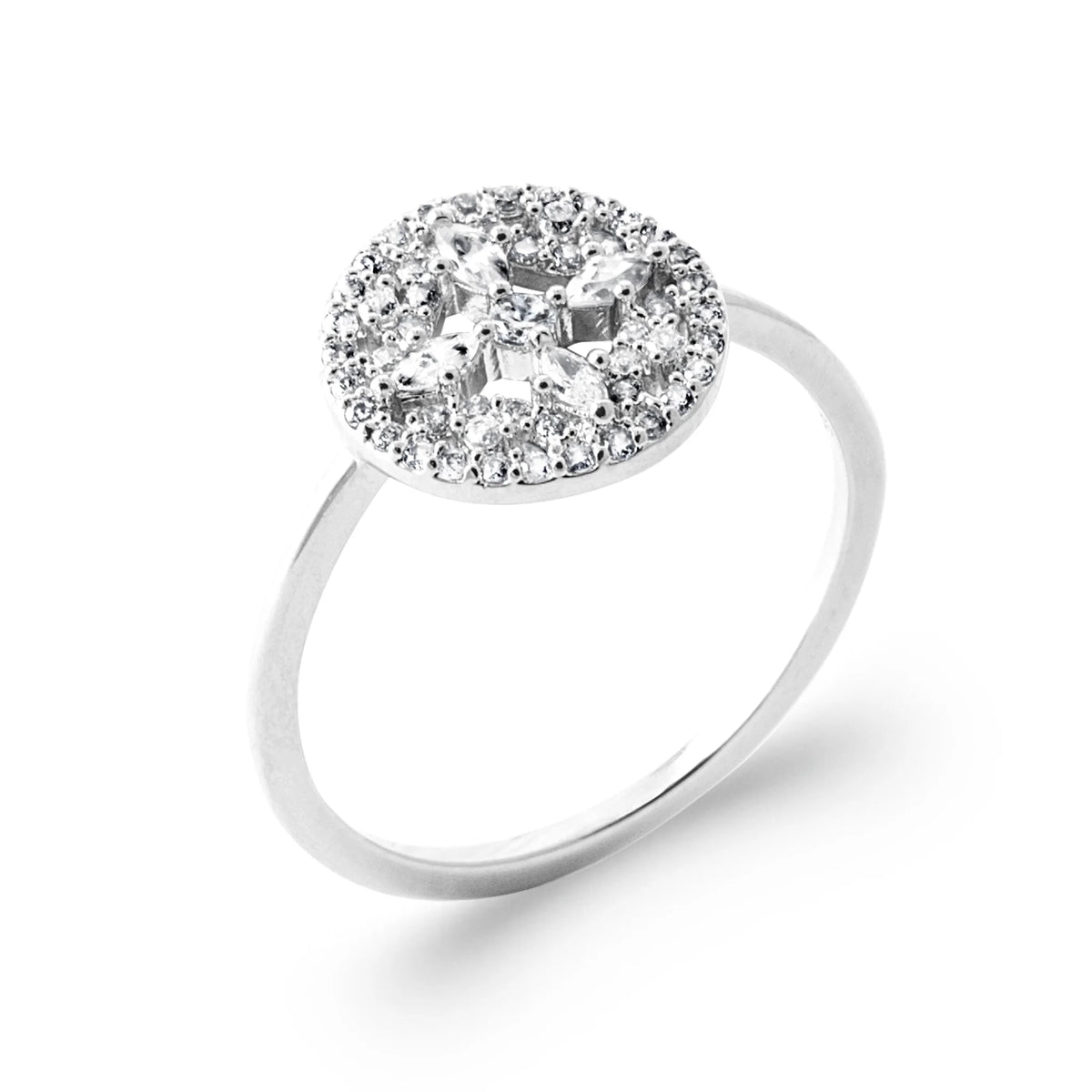 Bague disque ajouré mosaïque de zircons en argent 925
