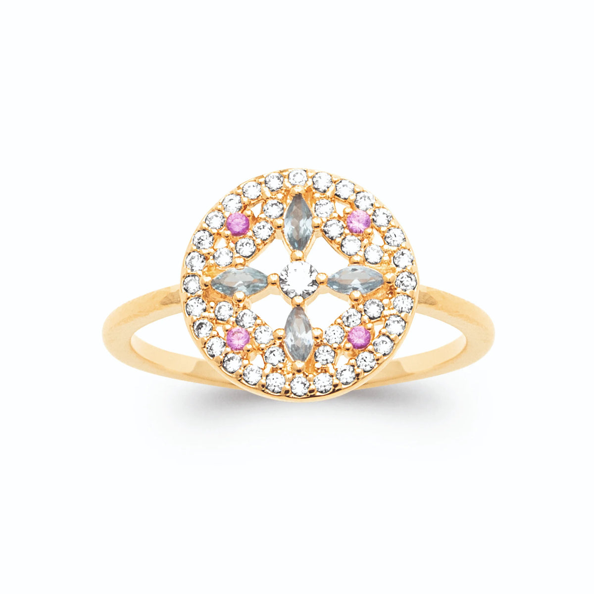 Bague disque pavé rosace bleu ciel et rose plaqué or, vue de face