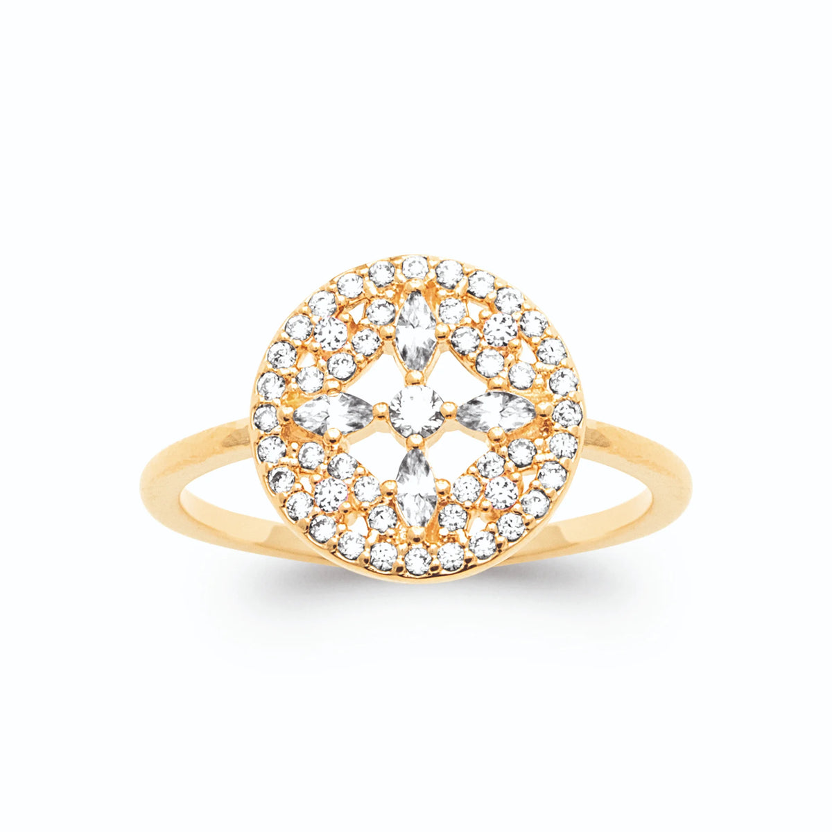Bague disque pavé rosace de zircons navettes en plaqué or