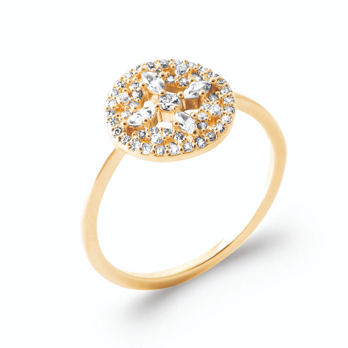 Bague disque pavé rosace de zircons navettes en plaqué or
