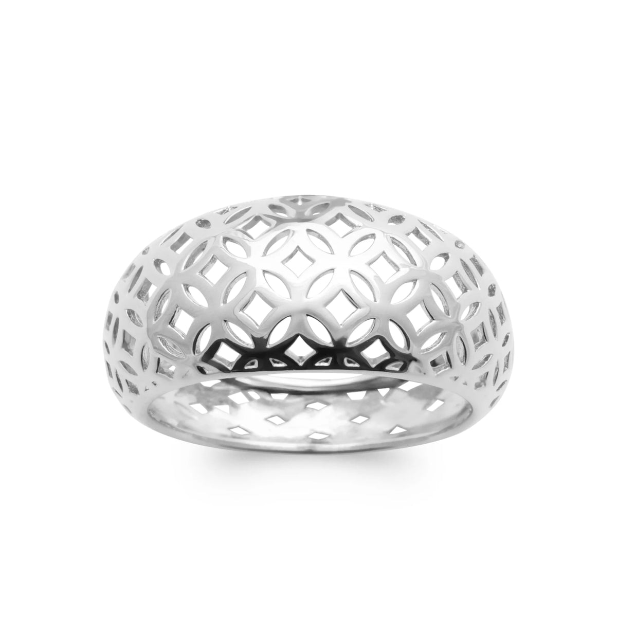 Bague dôme ajouré de fleurs stylisées en argent 925 rhodié