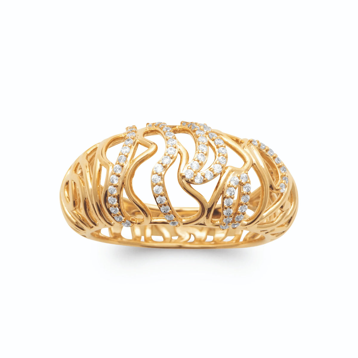 Bague dôme ajourée arabesques et lignes de micro-zircons plaqué or, vue de face