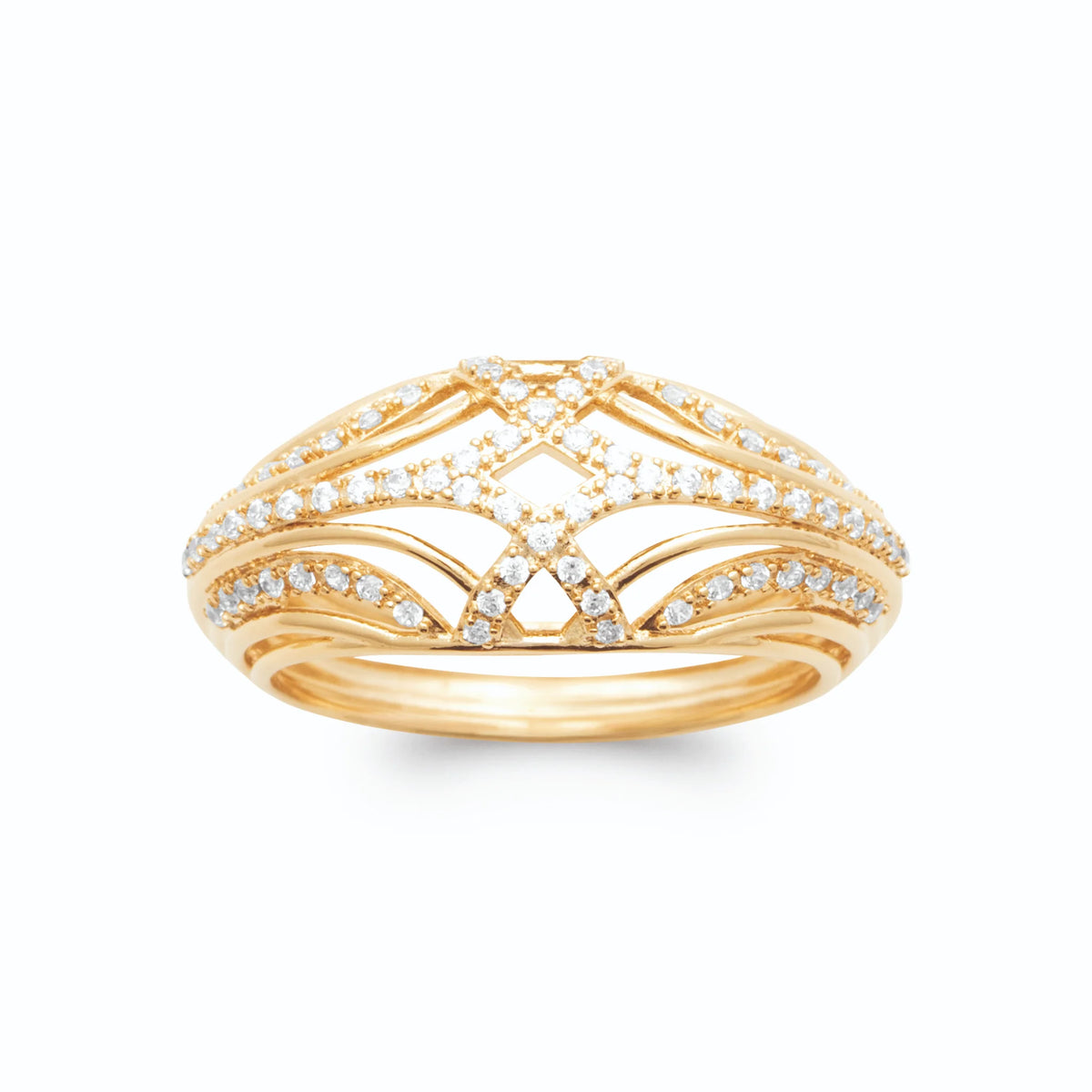 Bague dôme ajourée arceaux entrecroisés pavés de micro-zircons plaqué or, vue de face