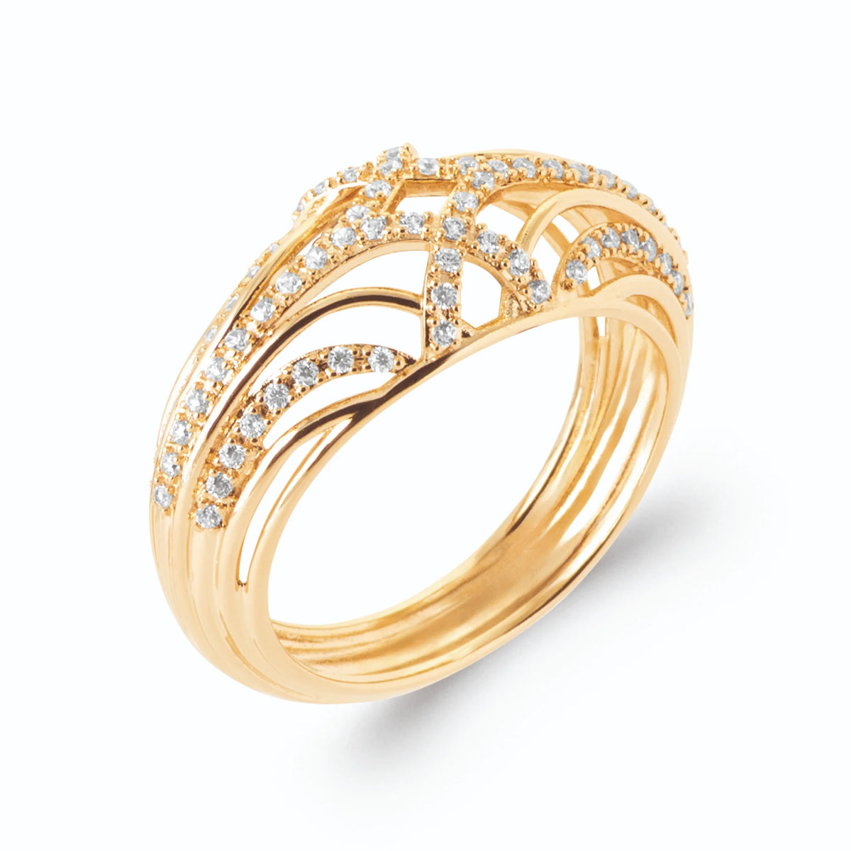 Bague dôme ajourée arceaux entrecroisés pavés de micro-zircons en plaqué or, vue de trois quarts