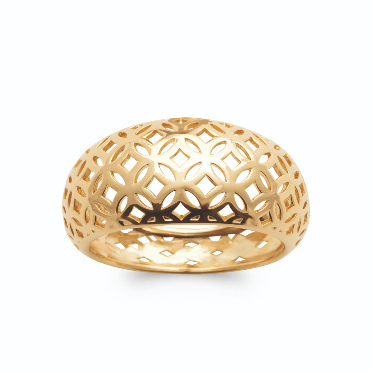 Bague dôme ajourée cercles entrecroisés sans pierre plaqué or, vue de face