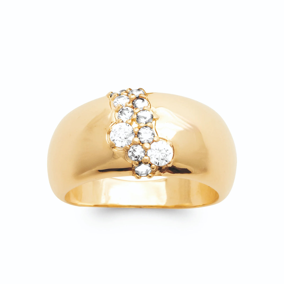 Bague dôme bombée et bande oblique de zircons plaqué or, vue de face