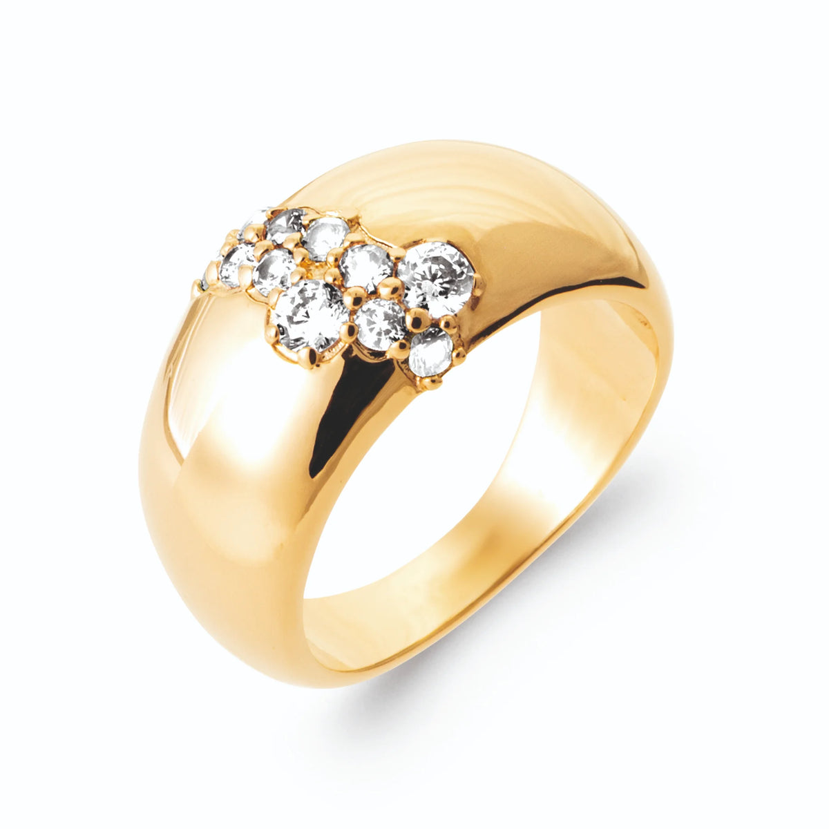 Bague dôme bombée et bande oblique de zircons en plaqué or, vue de trois quarts