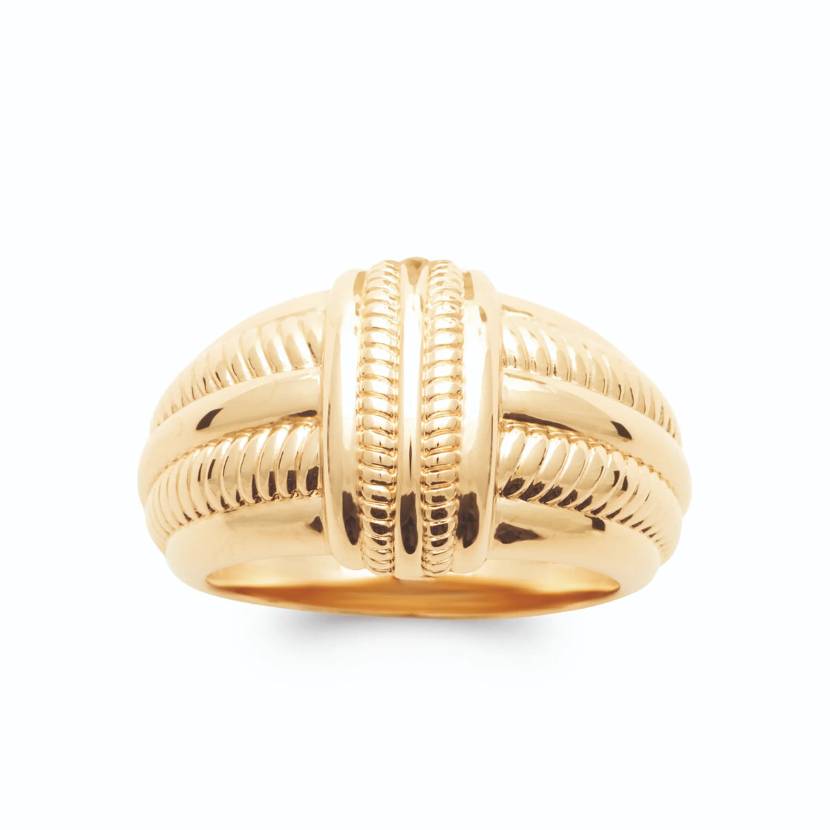 Bague dôme à côtes perlées et bandeau croisé effet tressage plaqué or, vue de face