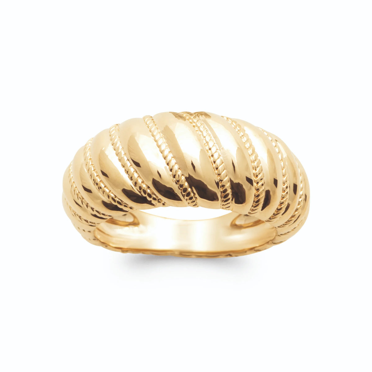 Bague dôme croissant à godrons lisses et perlés plaqué or, vue de face