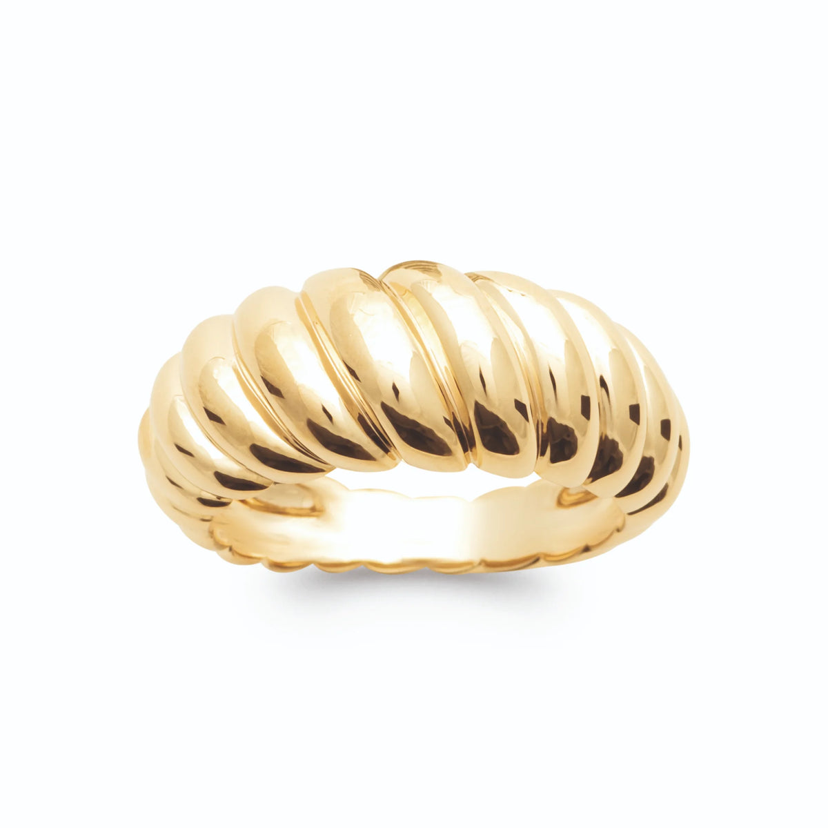 Bague dôme croissant à godrons lisses torsadés plaqué or, vue de face