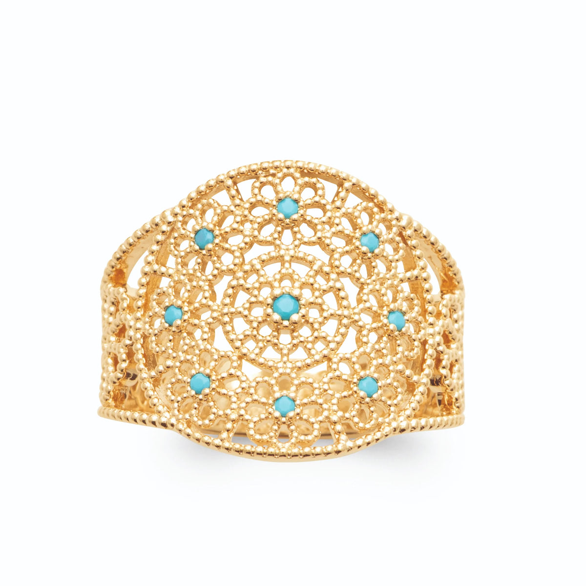 Bague dôme dentelle filigranée petites pierres turquoise plaqué or, vue de face