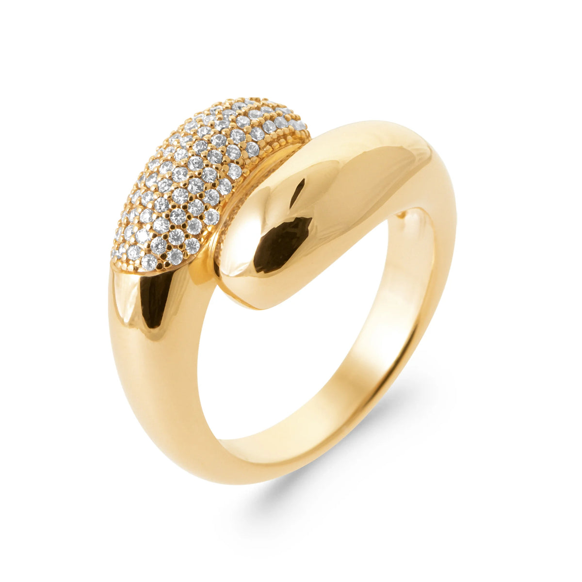 Bague dôme deux volumes dont un pavé de zircons en plaqué or