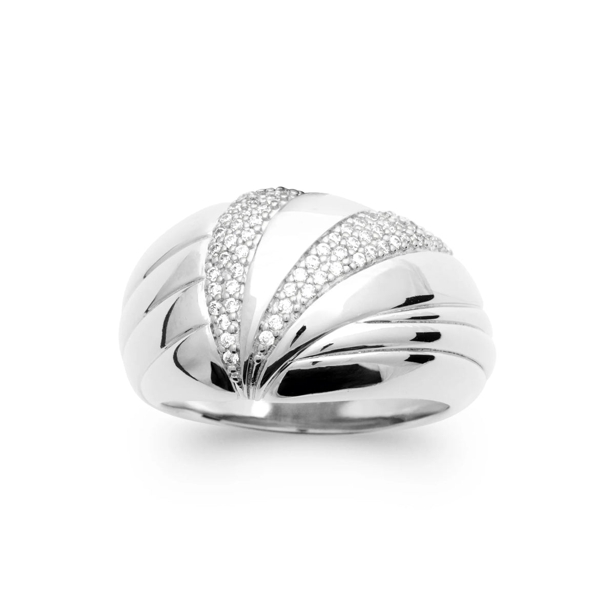 Bague dôme godronnée et chevron pavé de zircons en argent 925, vue de face