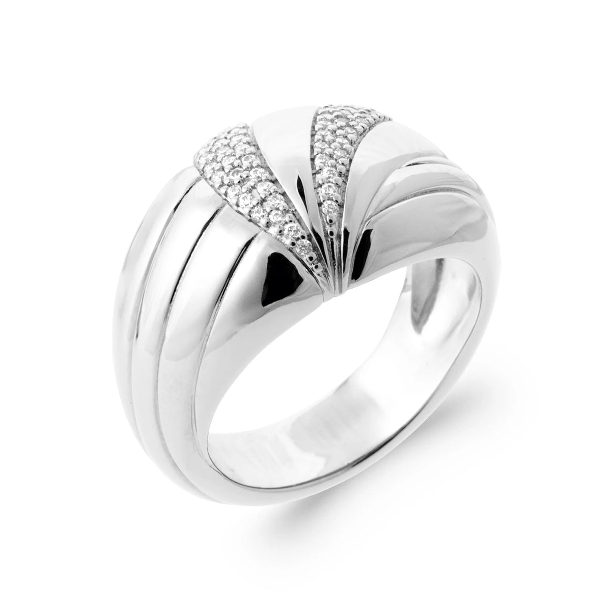 Bague dôme godronnée et chevron pavé de zircons en argent 925
