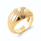 Bague dôme godrons en éventail et branches pavées de zircons en plaqué or