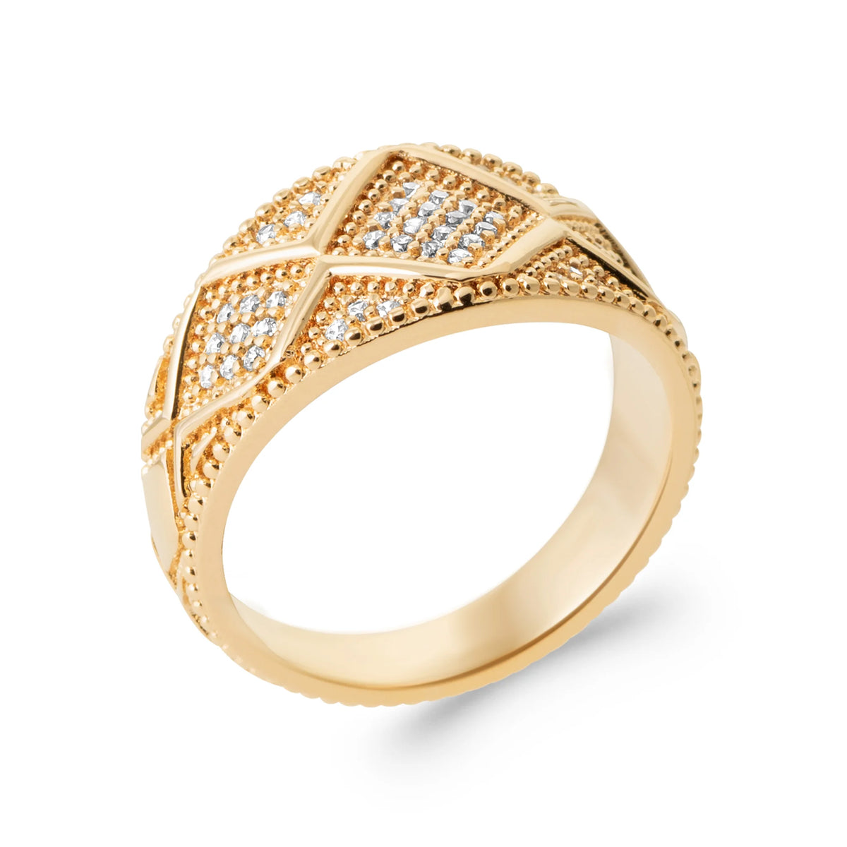 Bague dôme losanges pavés de zircons et bordures perlées en plaqué or