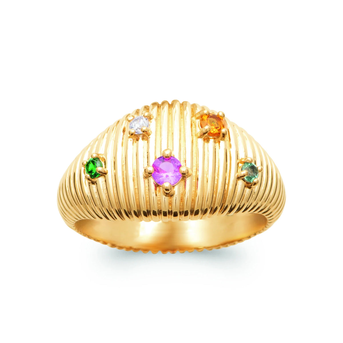 Bague dôme striée pierres multicolores éparpillées plaqué or, vue de face