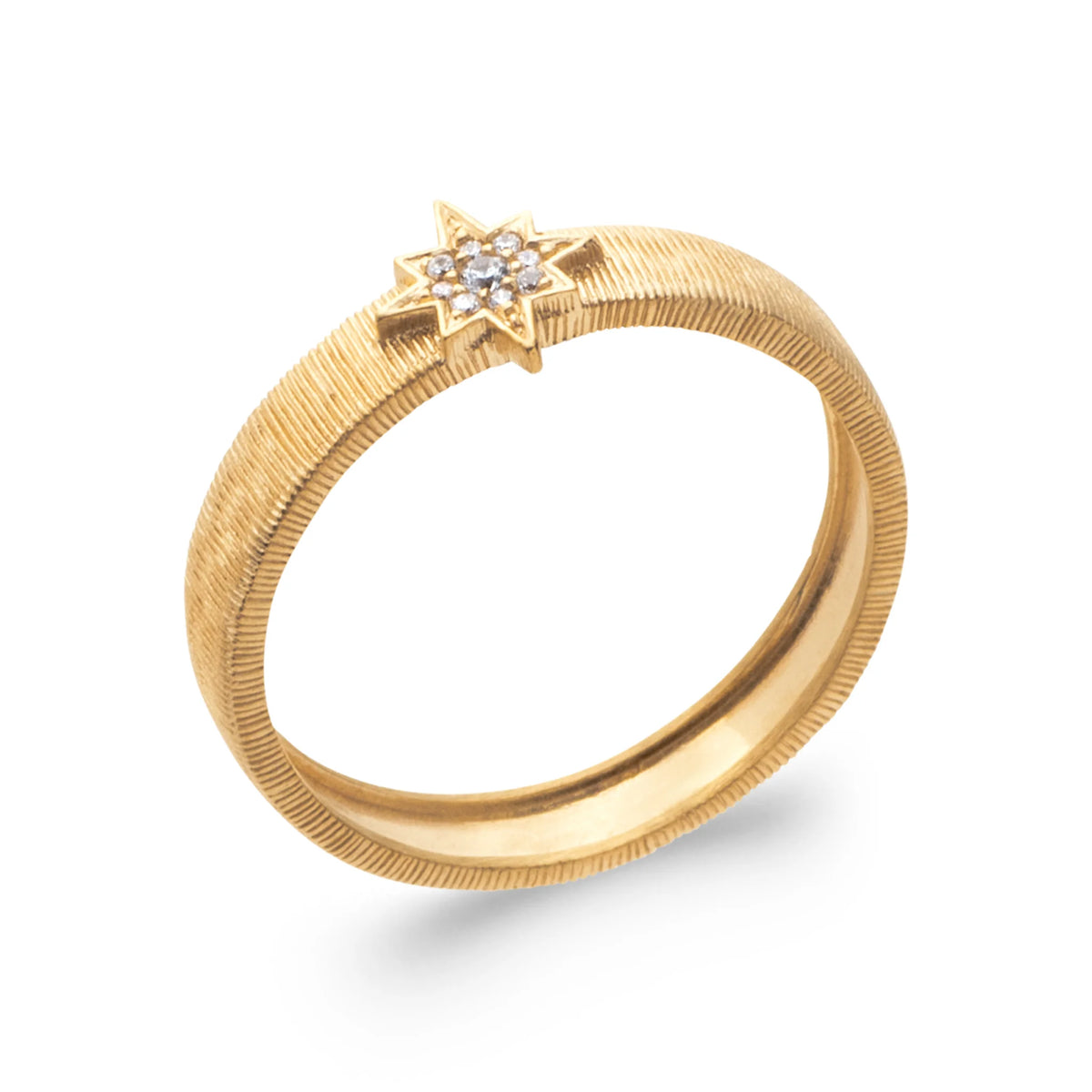 Bague double anneau brossé strié et petite étoile de zircons en plaqué or
