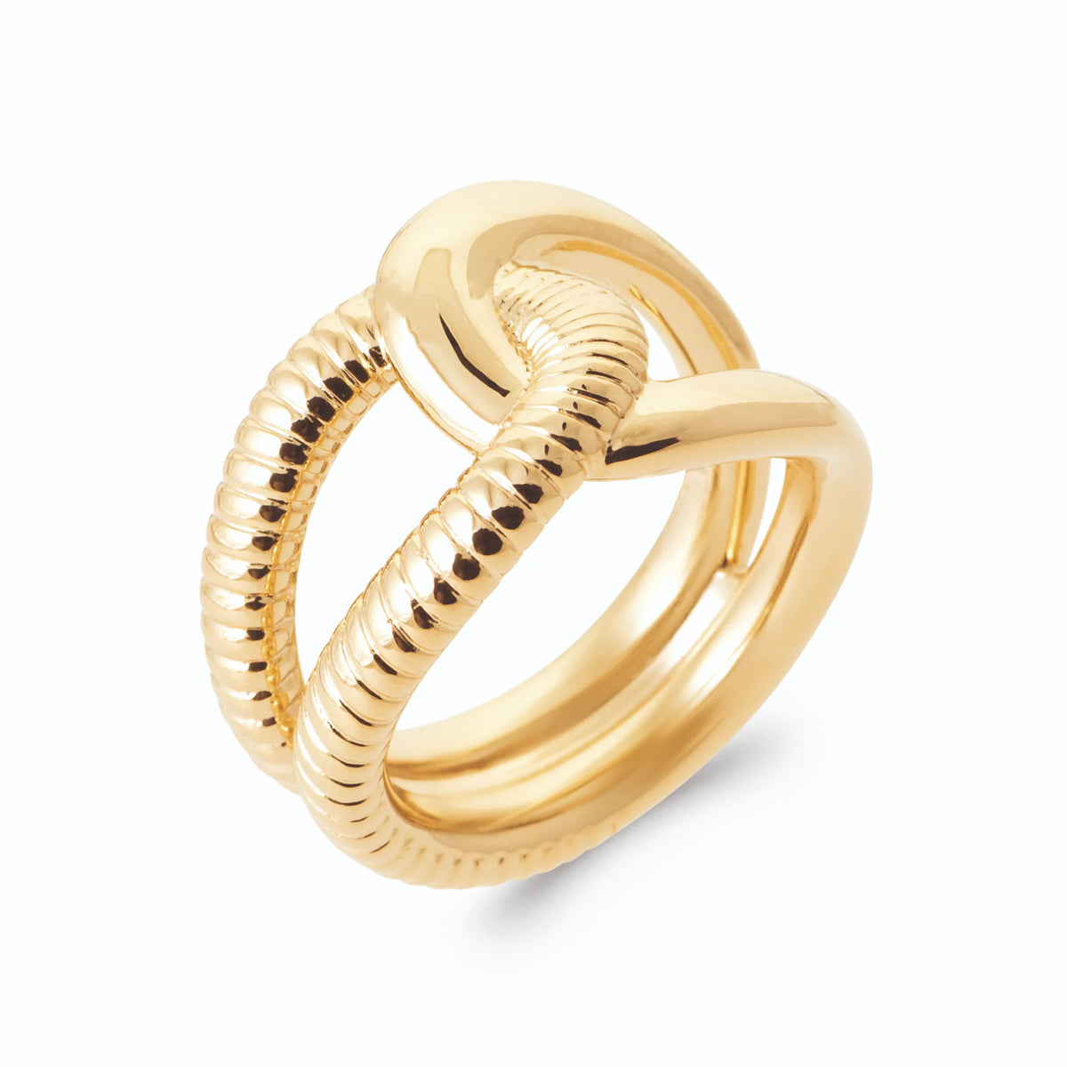 Bague double anneau côtelé et lisse noué en boucle en plaqué or