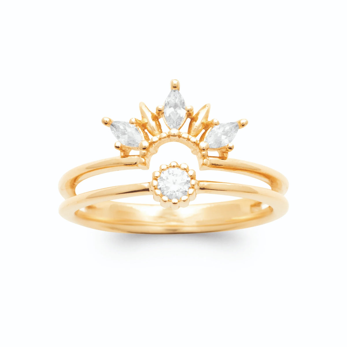 Bague double anneau couronne de zircons navettes et zircon rond plaqué or, vue de face
