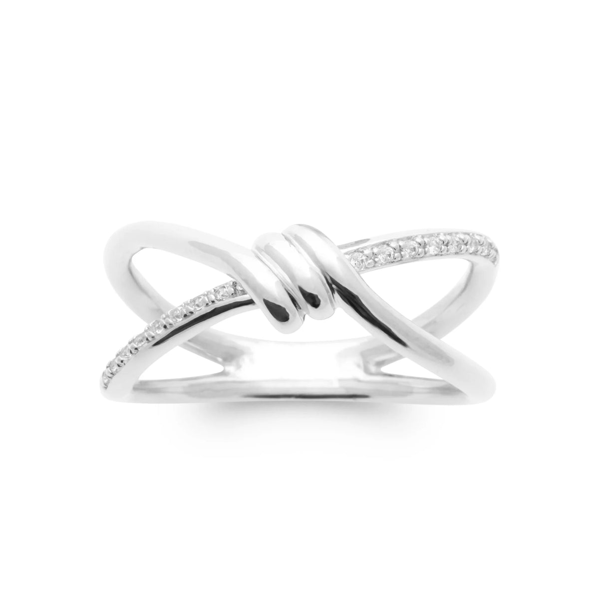 Bague double anneau croisé noué et ligne pavée en argent 925