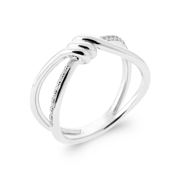 Bague double anneau croisé noué et ligne pavée en argent 925