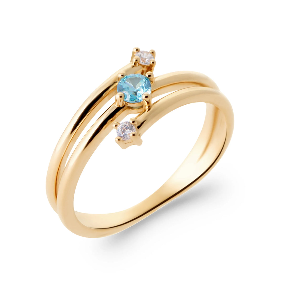 Bague double anneau croisé pierre bleu ciel et zircons en plaqué or