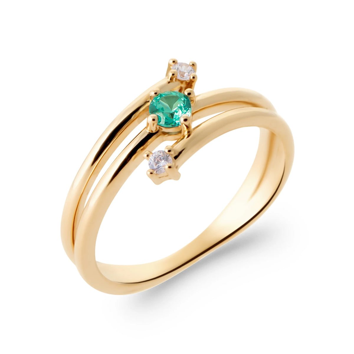 Bague double anneau croisé pierre vert d’eau et zircons en plaqué or