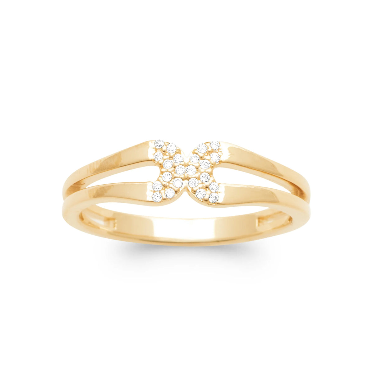 Bague double anneau croisillon pavé de zircons plaqué or, vue de face