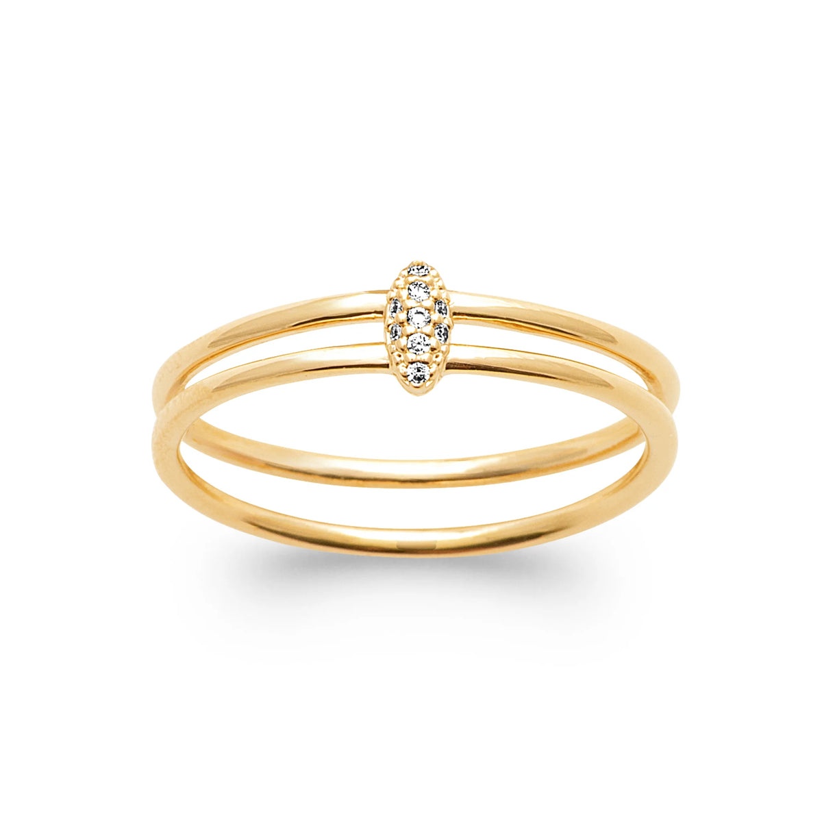 Bague double anneau fil barrette de trois zircons plaqué or, vue de face