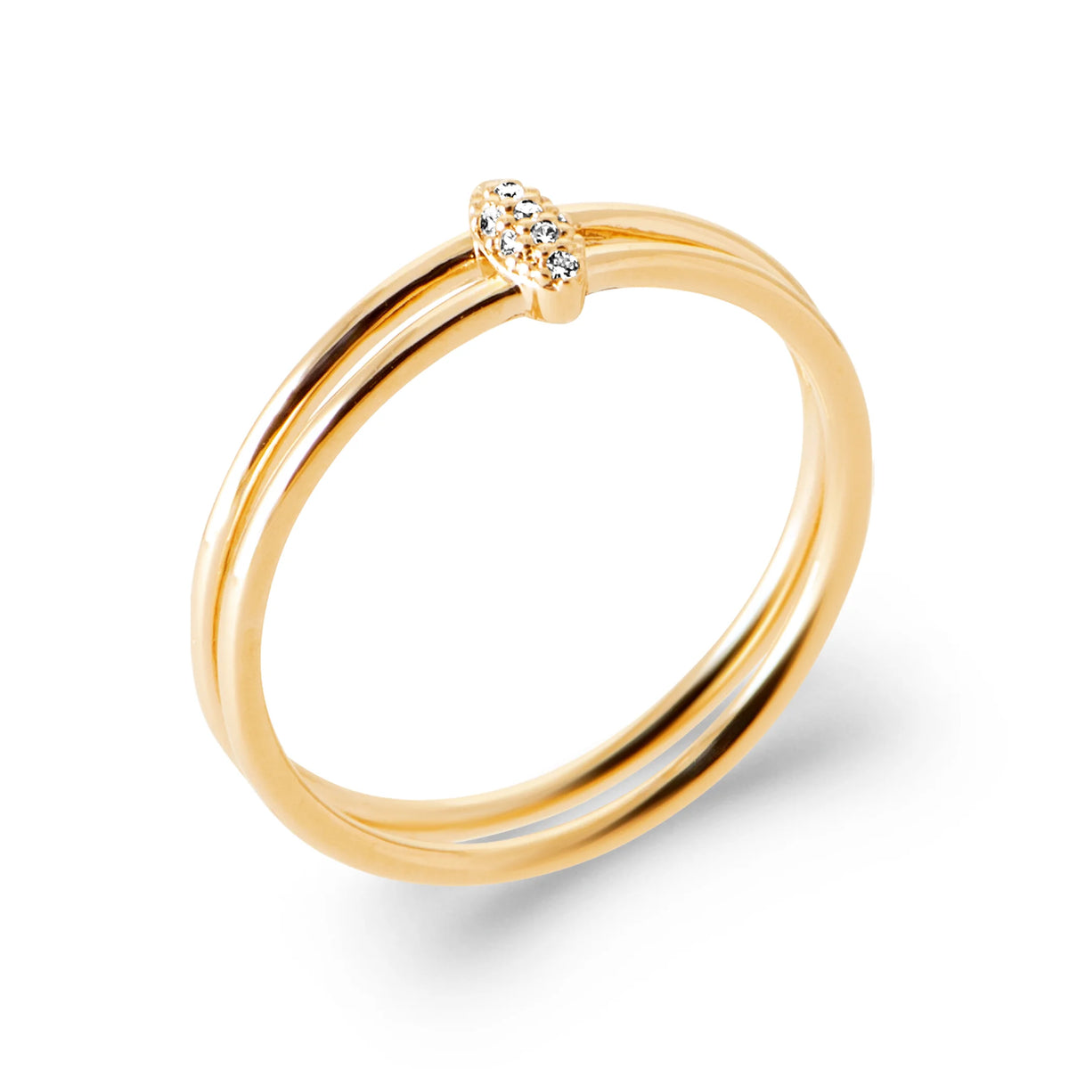 Bague double anneau fil barrette de trois zircons en plaqué or, vue de trois quarts