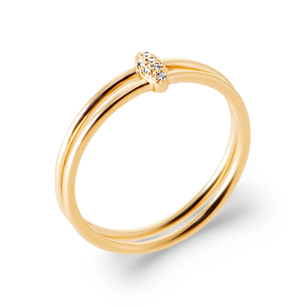 Bague double anneau fil barrette de trois zircons en plaqué or, vue de trois quarts