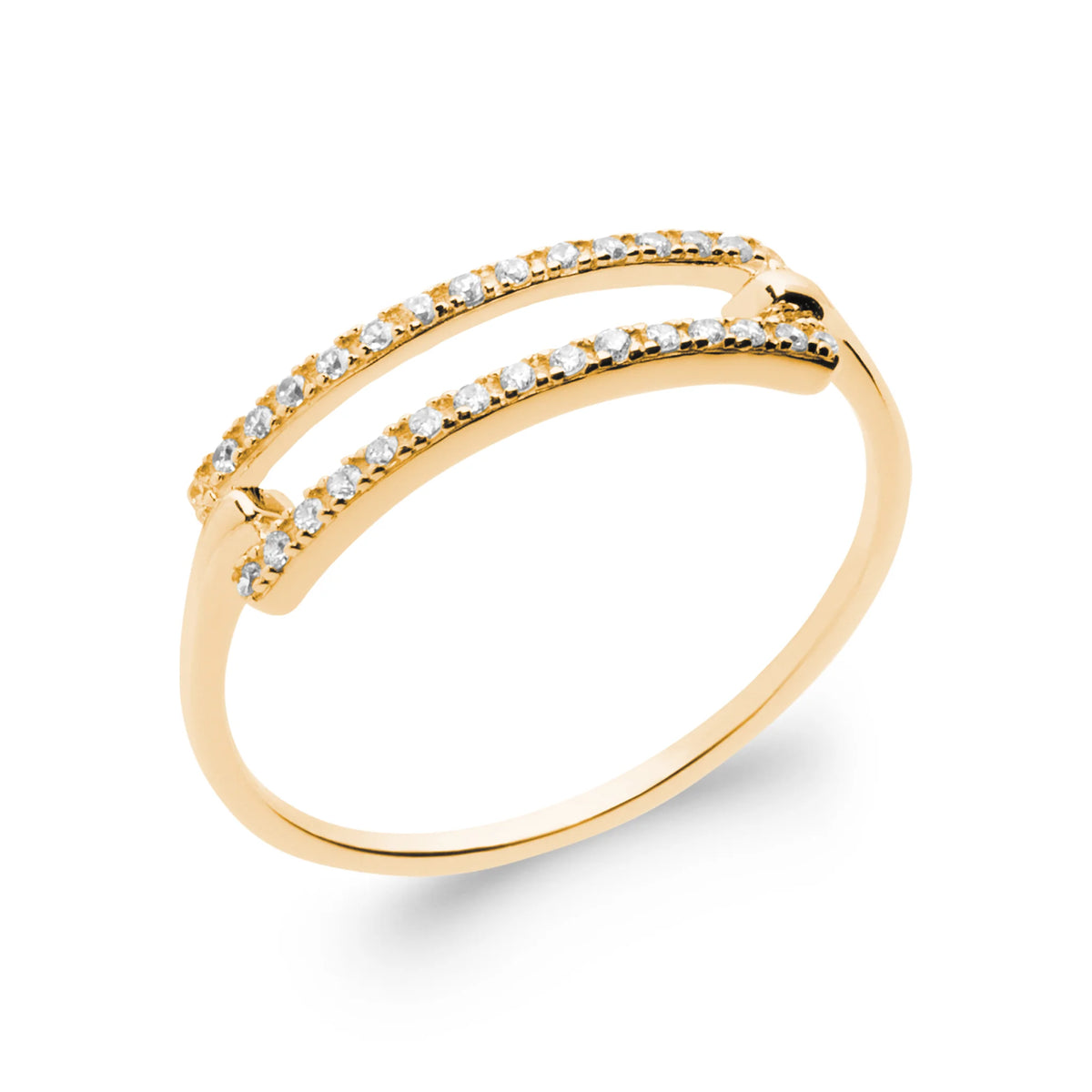 Bague double anneau fin réuni par une barrette pavée de zircons en plaqué or