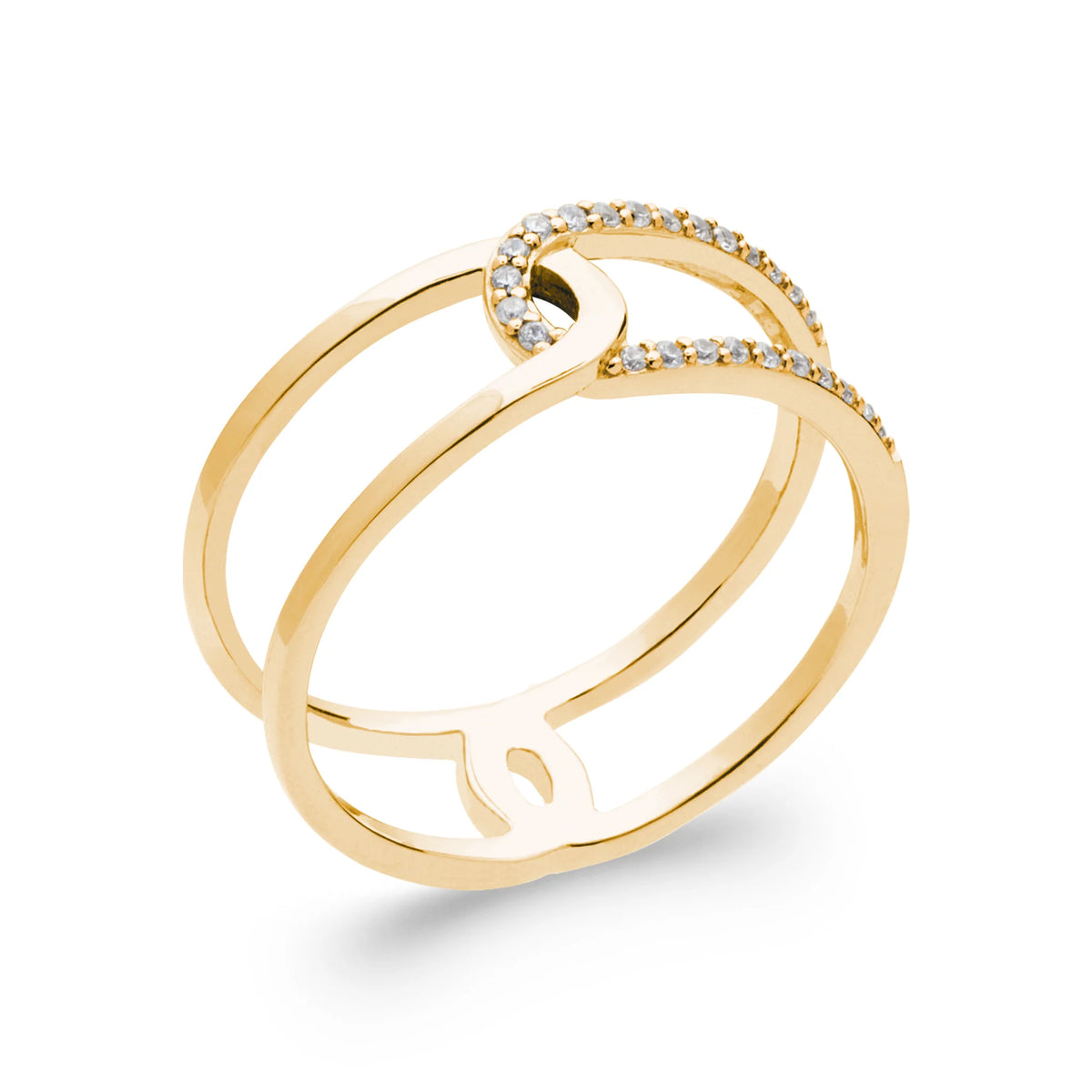 Bague double anneau fin aux extrémités pavées en crochets en plaqué or