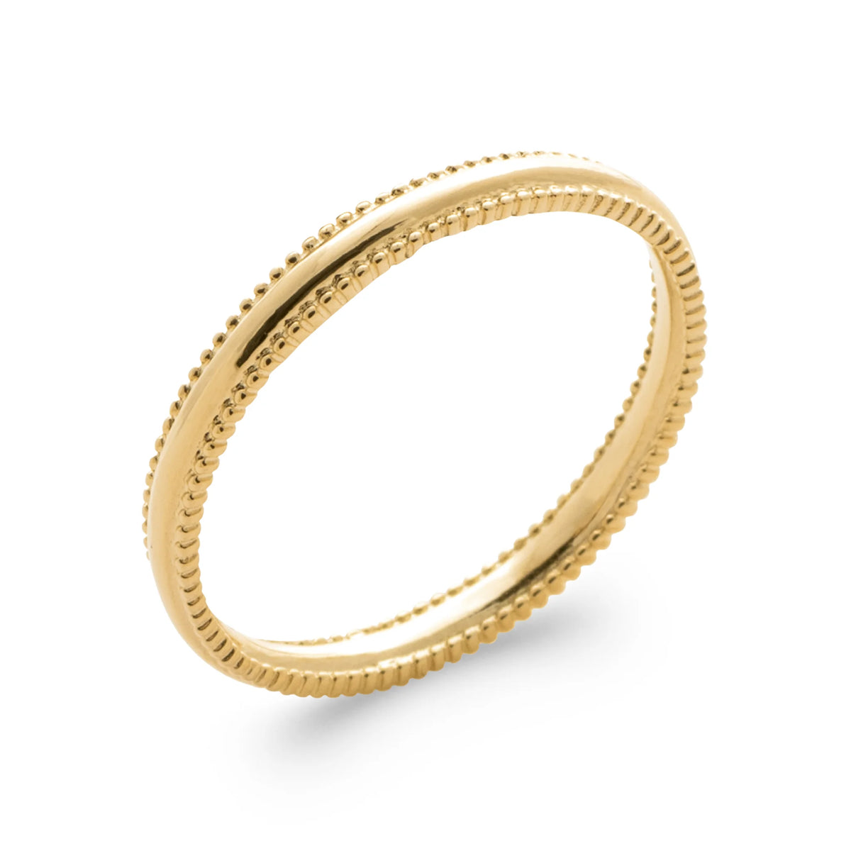 Bague double anneau fin perlé de grains d’or en plaqué or, vue de trois quarts