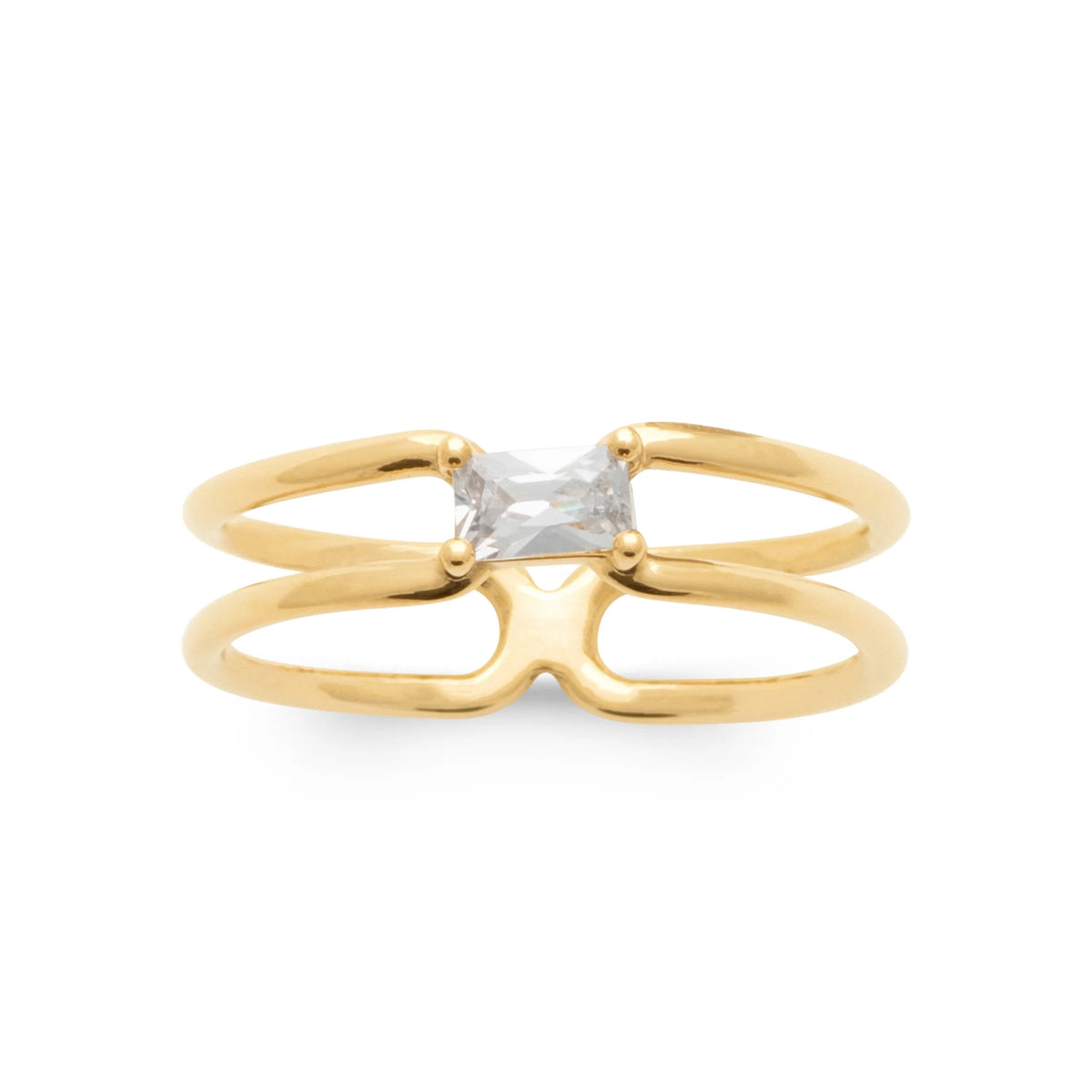 Bague double anneau fin réuni par un zircon rectangulaire en plaqué or