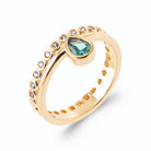Bague double anneau goutte vert d’eau et rang de pierres claires en plaqué or
