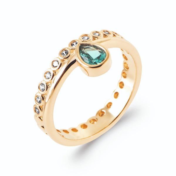 Bague double anneau goutte vert d’eau et rang de pierres claires en plaqué or