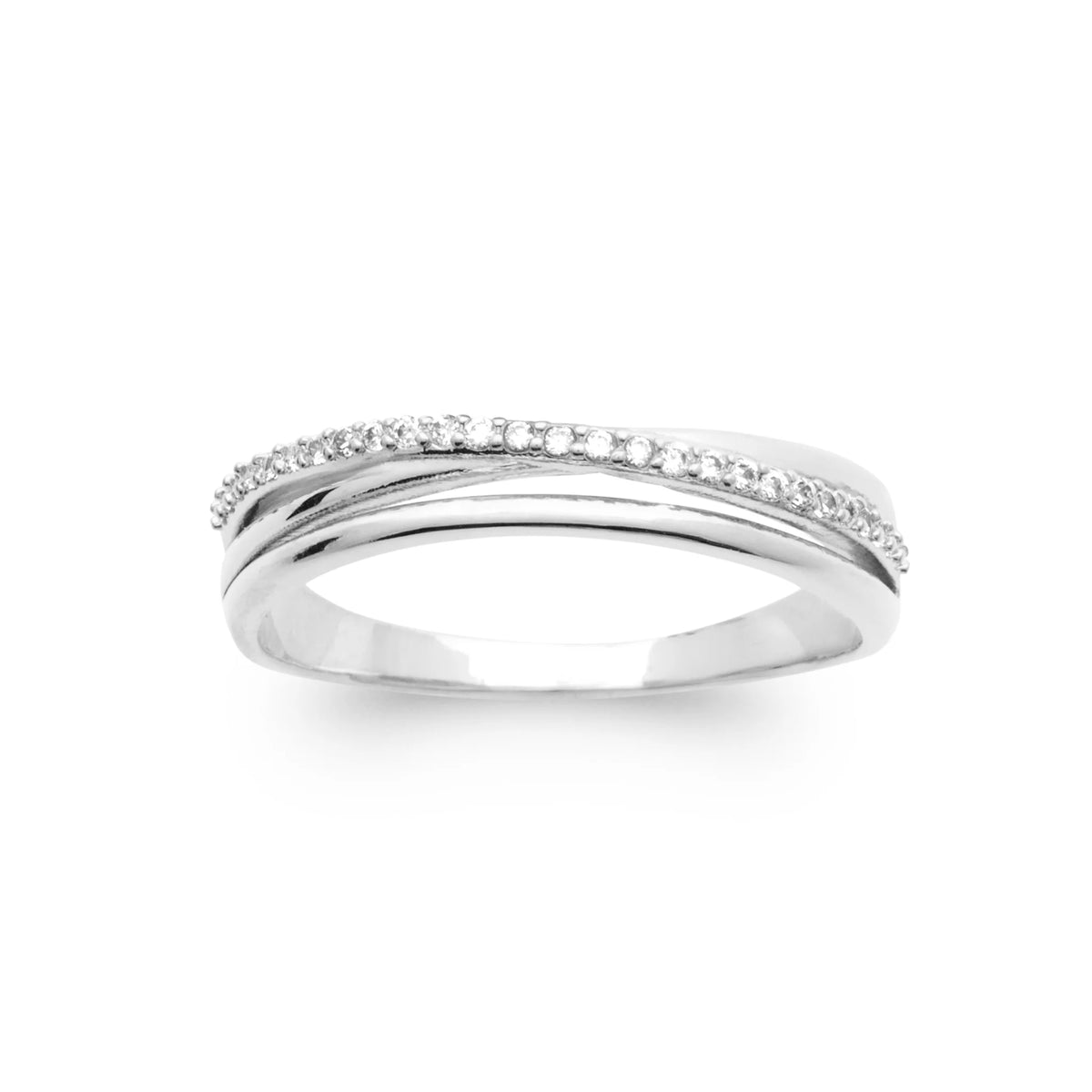Bague double anneau lisse et pavé en argent 925, vue de face