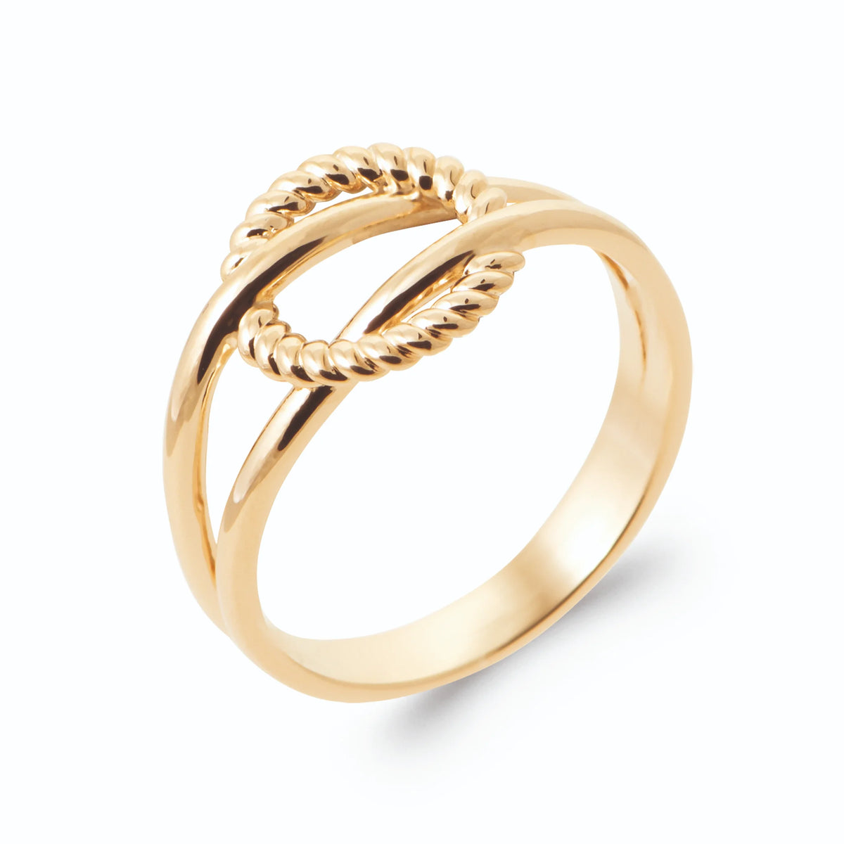 Bague double anneau ouvert sur un cercle de corde torsadée en plaqué or, vue de trois quarts
