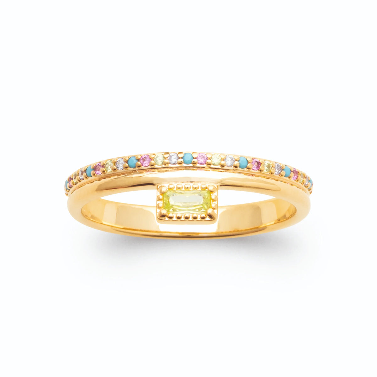 Bague double anneau pierre jaune rectangulaire et rang de pierres pastel en plaqué or