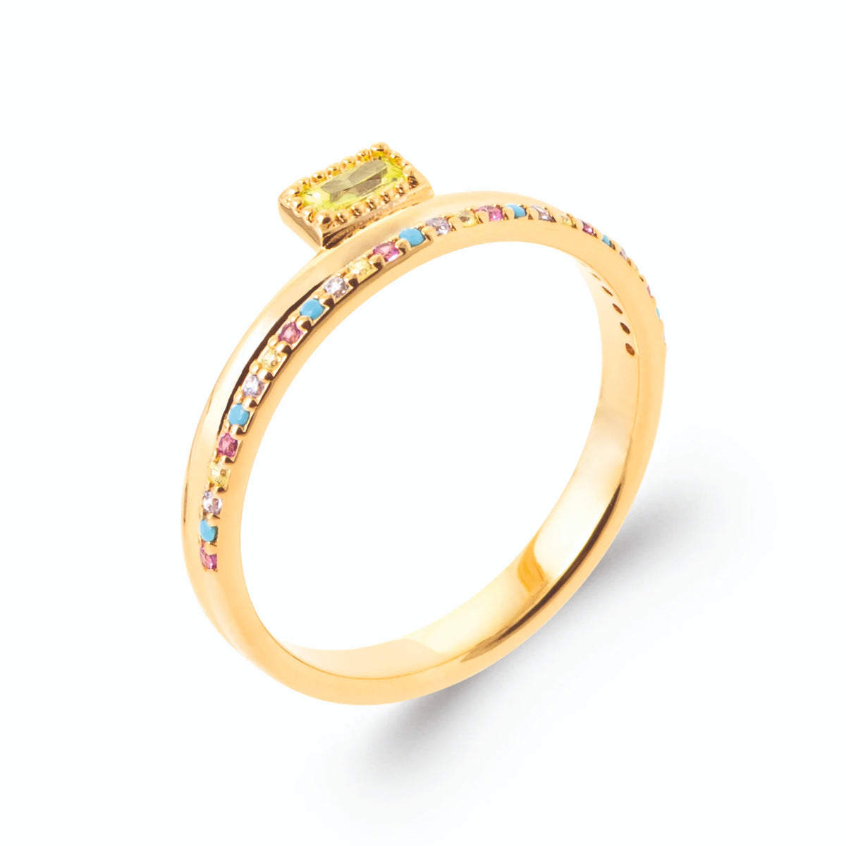 Bague double anneau pierre jaune rectangulaire et rang de pierres pastel en plaqué or