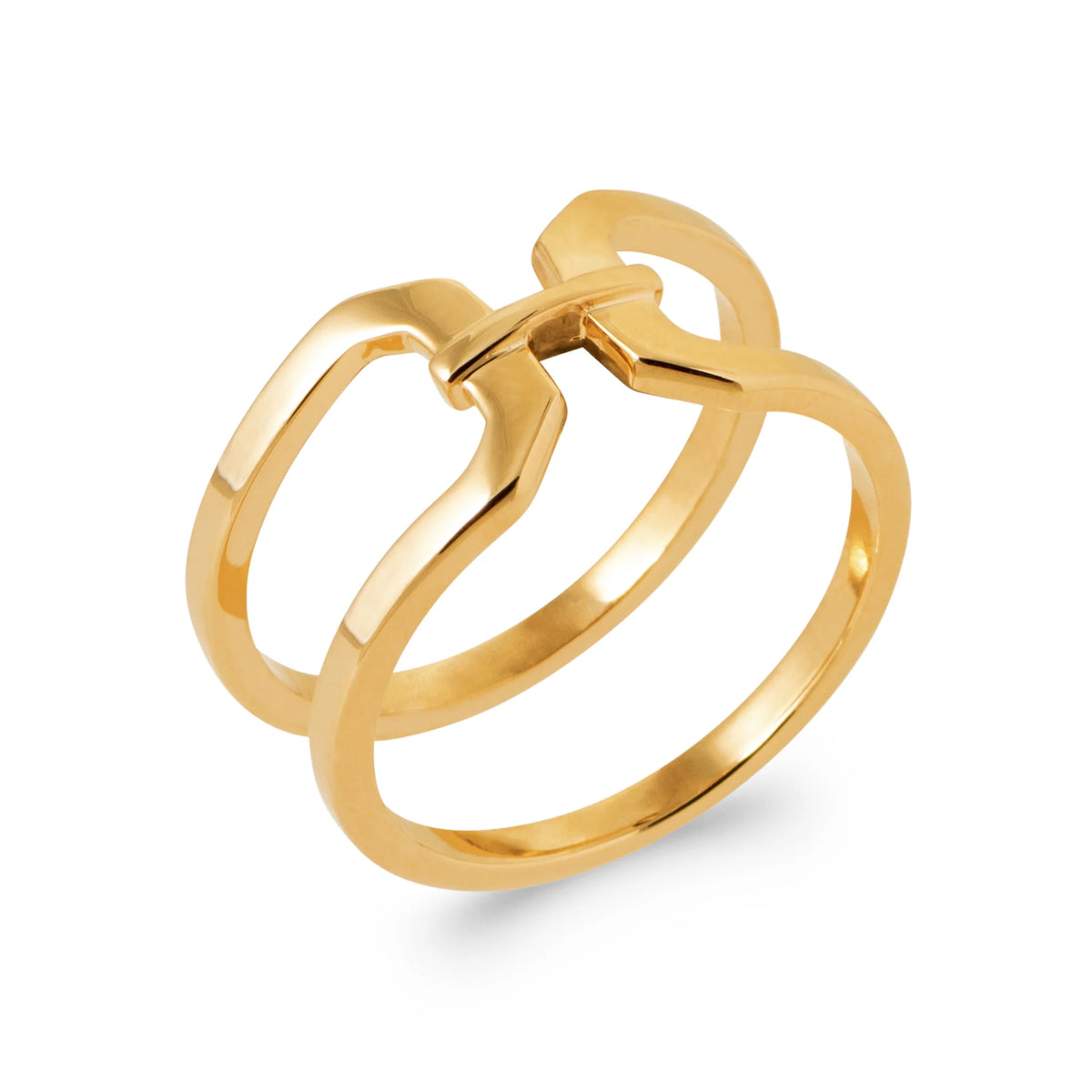 Bague double anneau et pont géométrique en chevron en plaqué or, vue de trois quarts