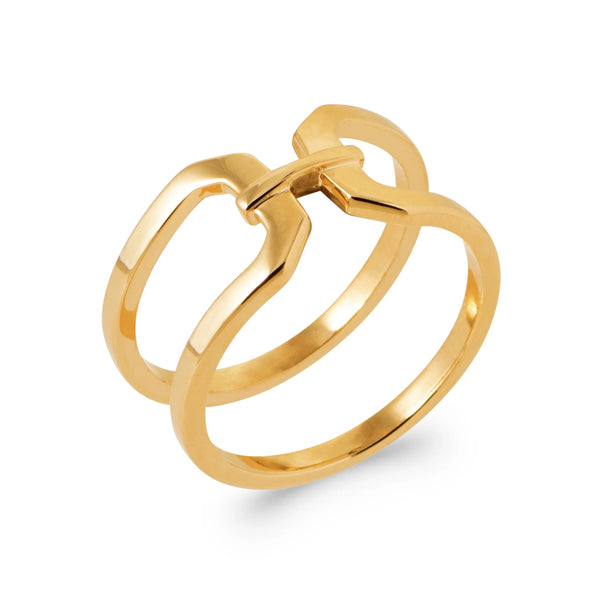 Bague double anneau et pont géométrique en chevron en plaqué or, vue de trois quarts