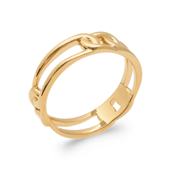 Bague double anneau relié par des maillons enlacés en plaqué or, vue de trois quarts
