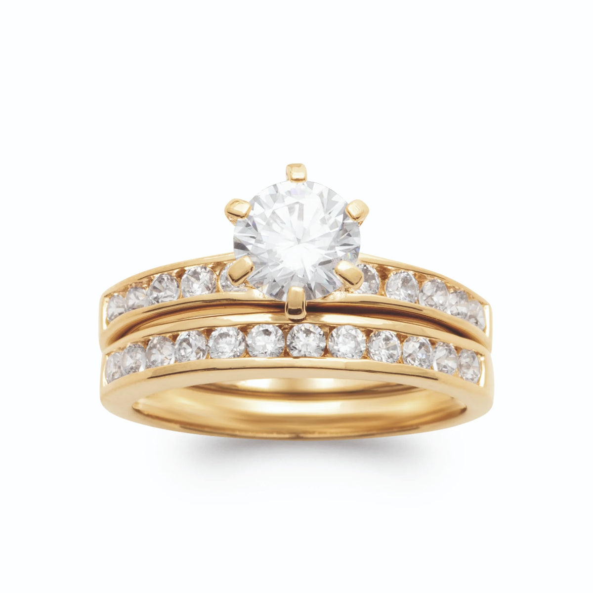 Bague double anneau solitaire et pavé de zircons en plaqué or