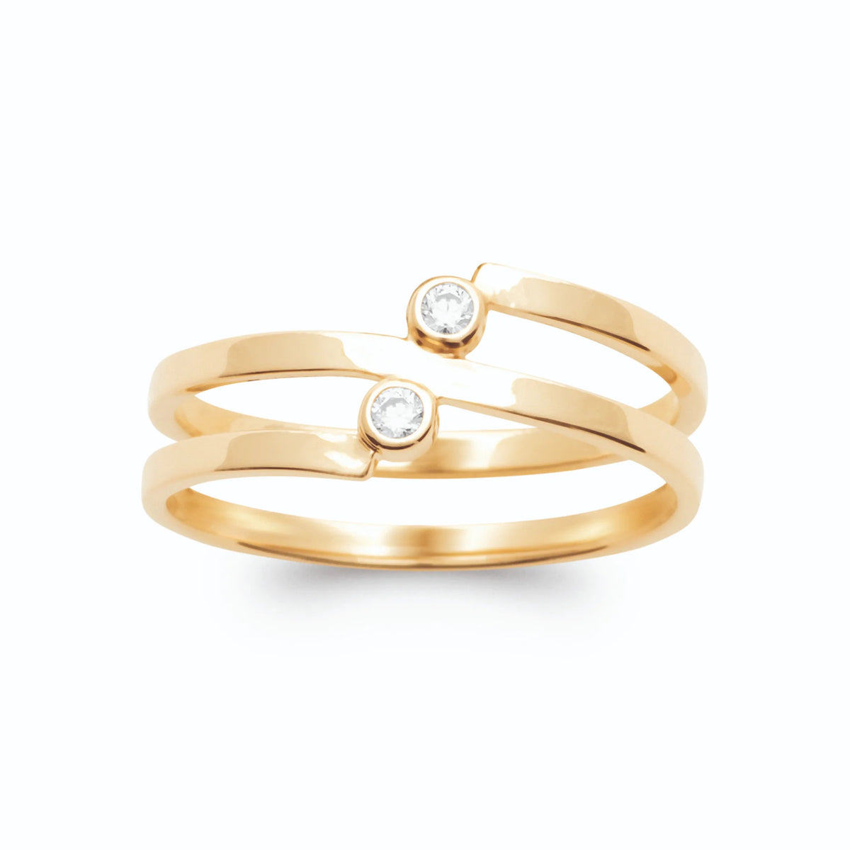 Bague double anneau spirale ouverte et deux zircons décalés plaqué or, vue de face